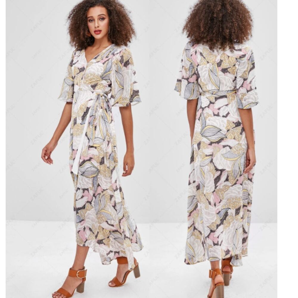 Shein Womens Multicolor Flutter Sleeve Chiffon Mixed Print Maxi Wrap Dress Sze M